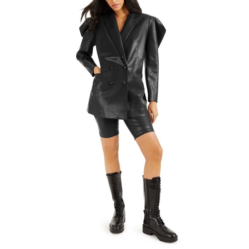 INC Culpos X INC Womens Faux Leather Blazer Jacket Black Puff Sleeve Medium